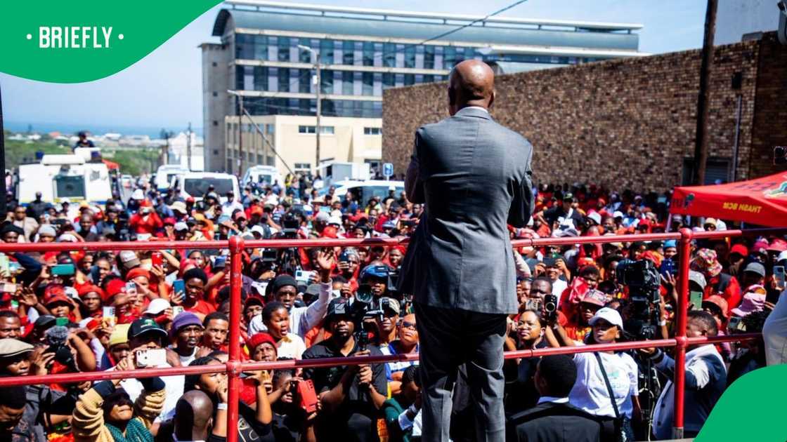 The president of the Economic Freedom Fighters, Julius Malema, addressed supporters outside of the East London Magistrates Court The president of the Economic Freedom Fighters, Julius Malema, addressed supporters outside of the East London Magistrates Court