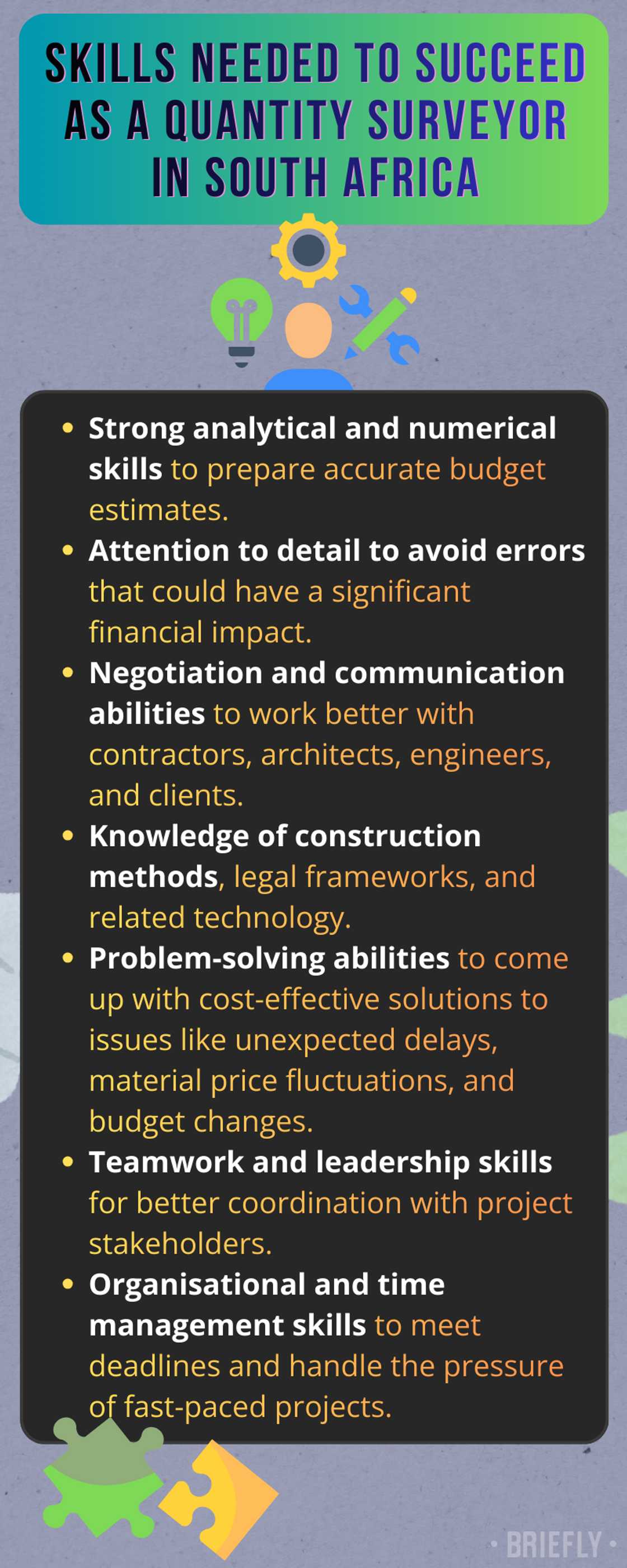 Skills needed to succeed as a quantity surveyor in South Africa Skills needed to succeed as a quantity surveyor in South Africa