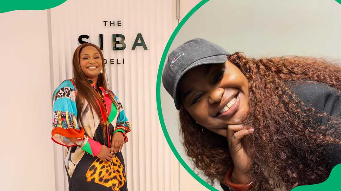 Xolly Mncwango poses in a colourful dress, and in a black cap