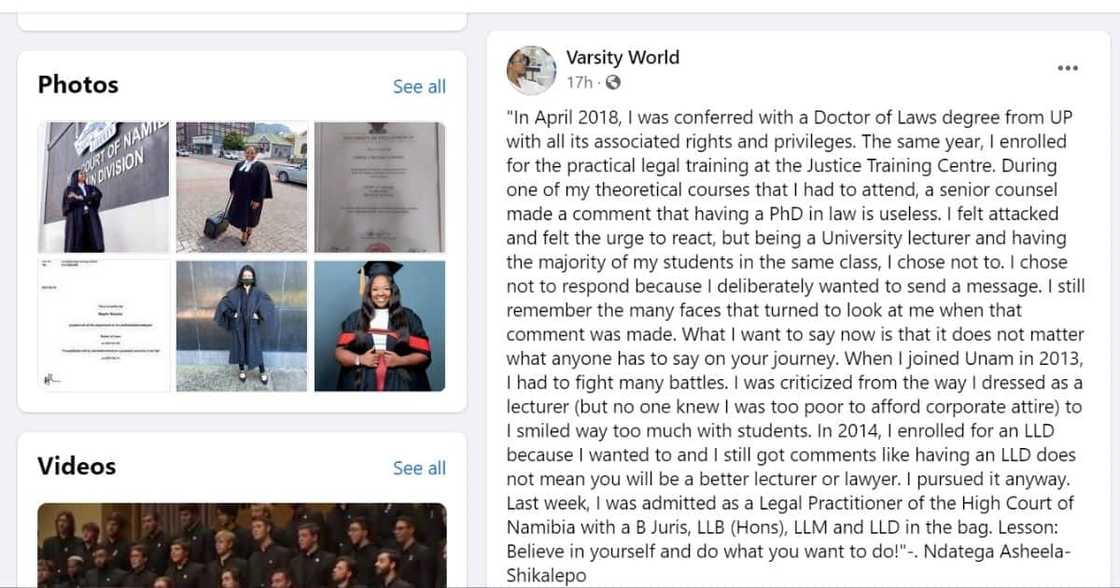 Social media users inspired by a Namibian woman, Ndatega Asheela-Shikalepo, who has been accepted to serve at the Namibian High Court. Image: Facebook Social media users inspired by a Namibian woman, Ndatega Asheela-Shikalepo, who has been accepted to serve at the Namibian High Court. Image: Facebook