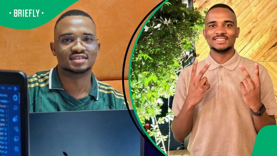 23-year-old software developer Sphephelo Mabena, creator of the Crime Alert app, showing him working on his laptop on one side and posing with a peace sign on the other. 23-year-old software developer Sphephelo Mabena, creator of the Crime Alert app, showing him working on his laptop on one side and posing with a peace sign on the other.