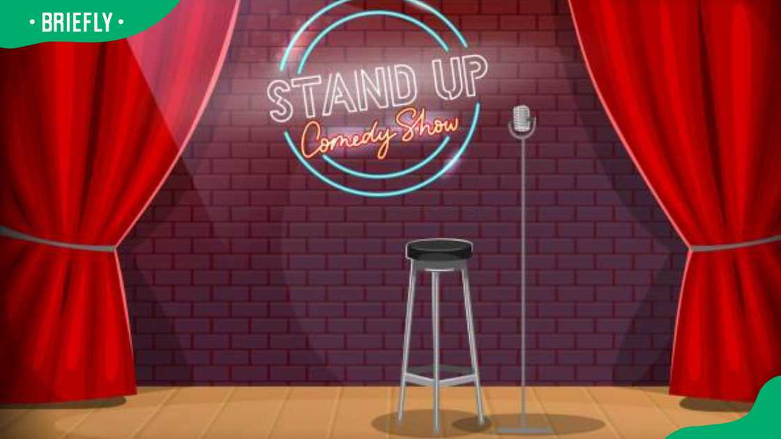 Stand-up stage with mic, red curtains and comedy show logo