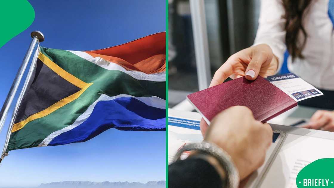 Pictures of the SA flag and woman presenting her passport at the boarding gate Pictures of the SA flag and woman presenting her passport at the boarding gate