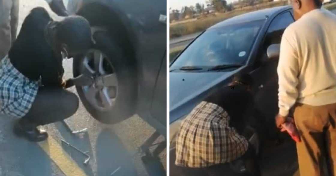 TikTok video of woman changing a flat tyre while her father supervises TikTok video of woman changing a flat tyre while her father supervises