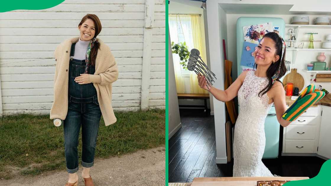 Molly Yeh while she was pregnant with her daughter in wearing a white dress while cooking Molly Yeh while she was pregnant with her daughter in wearing a white dress while cooking