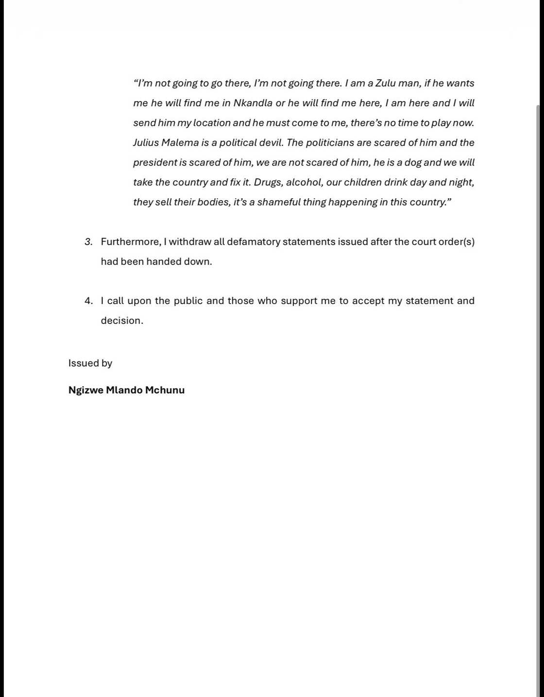 Ngizwe Mchunu apologised to Julius Malema Ngizwe Mchunu apologised to Julius Malema