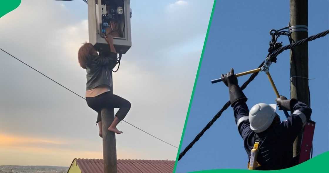 A woman climbed on an electric pole without the safety gear or qualifications to do so. A woman climbed on an electric pole without the safety gear or qualifications to do so.