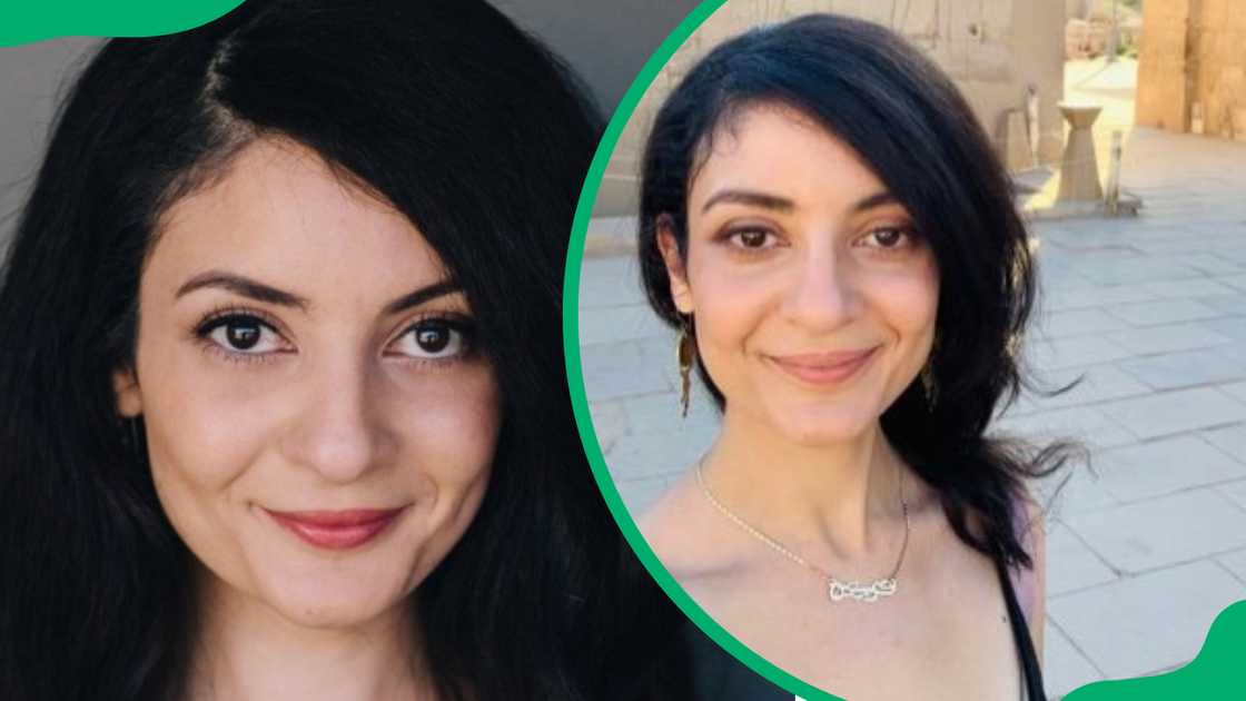 Christine Tawfik smiling (L). Christine Tawfik wearing a chain (R) Christine Tawfik smiling (L). Christine Tawfik wearing a chain (R)