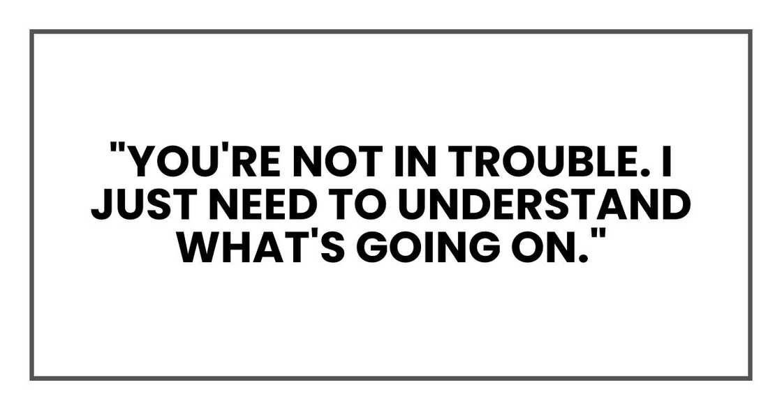 "You're not in trouble. I just need to understand what's going on." "You're not in trouble. I just need to understand what's going on."