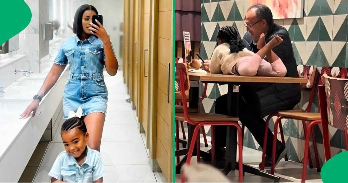 Woman's daughter sits on a table and speaks to a stranger at a restaurant. Woman's daughter sits on a table and speaks to a stranger at a restaurant.