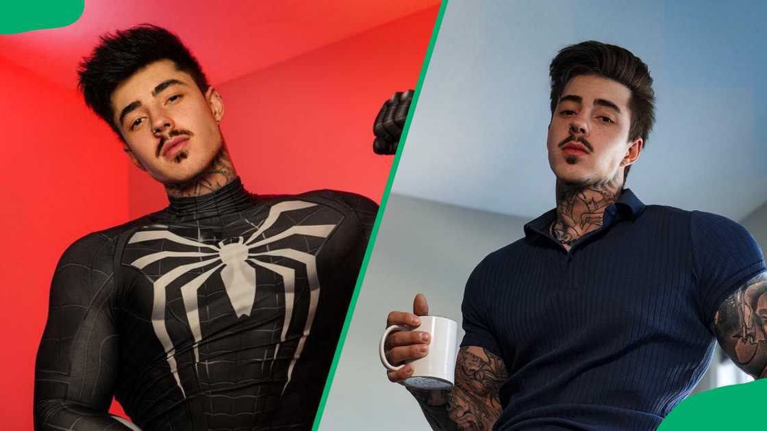 Jake Andrich in a spider outfit and holding a mug of coffee