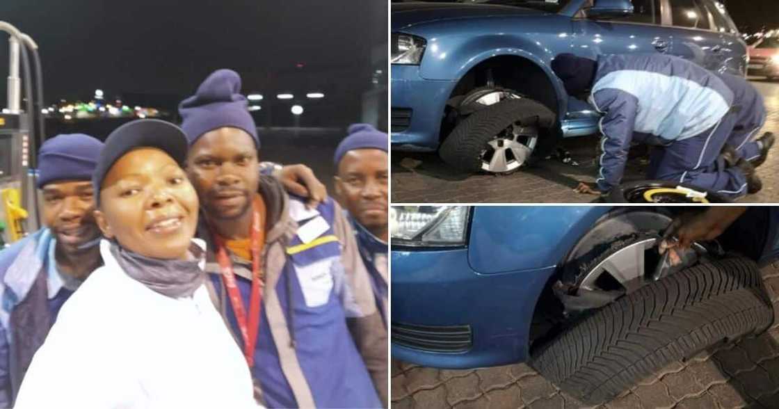 Ubuntu: Petrol attendants rush to help woman with shredded tyre