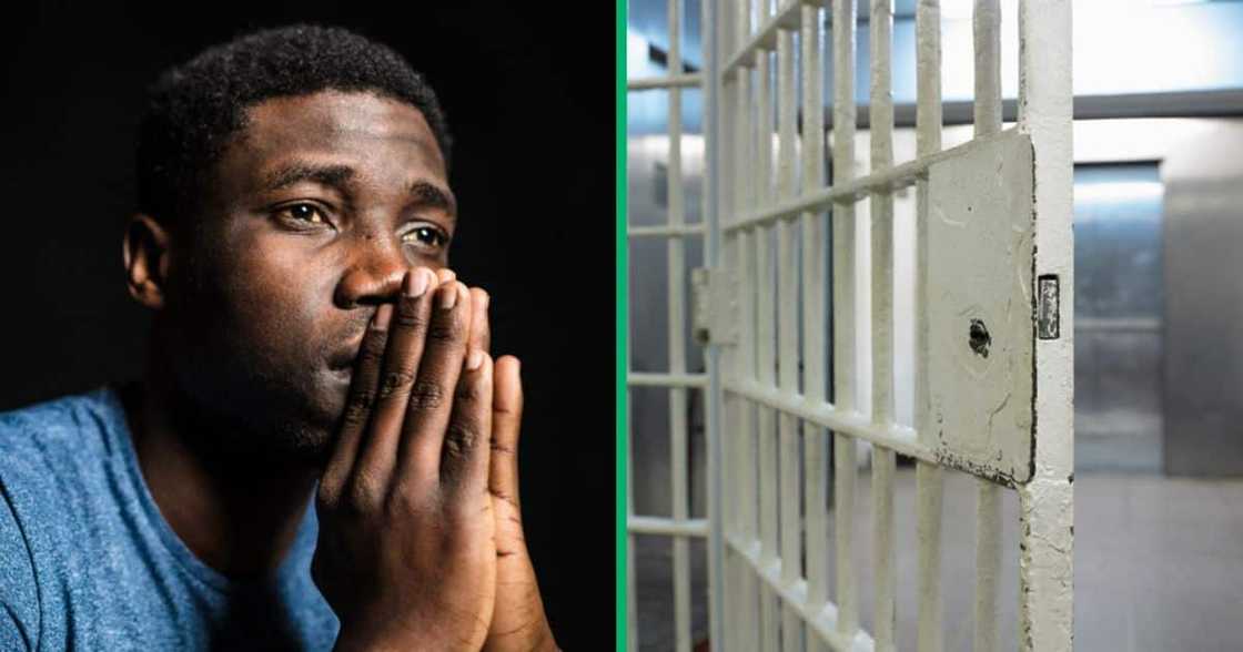 Stock photo of stressed man and an open door to prison cell