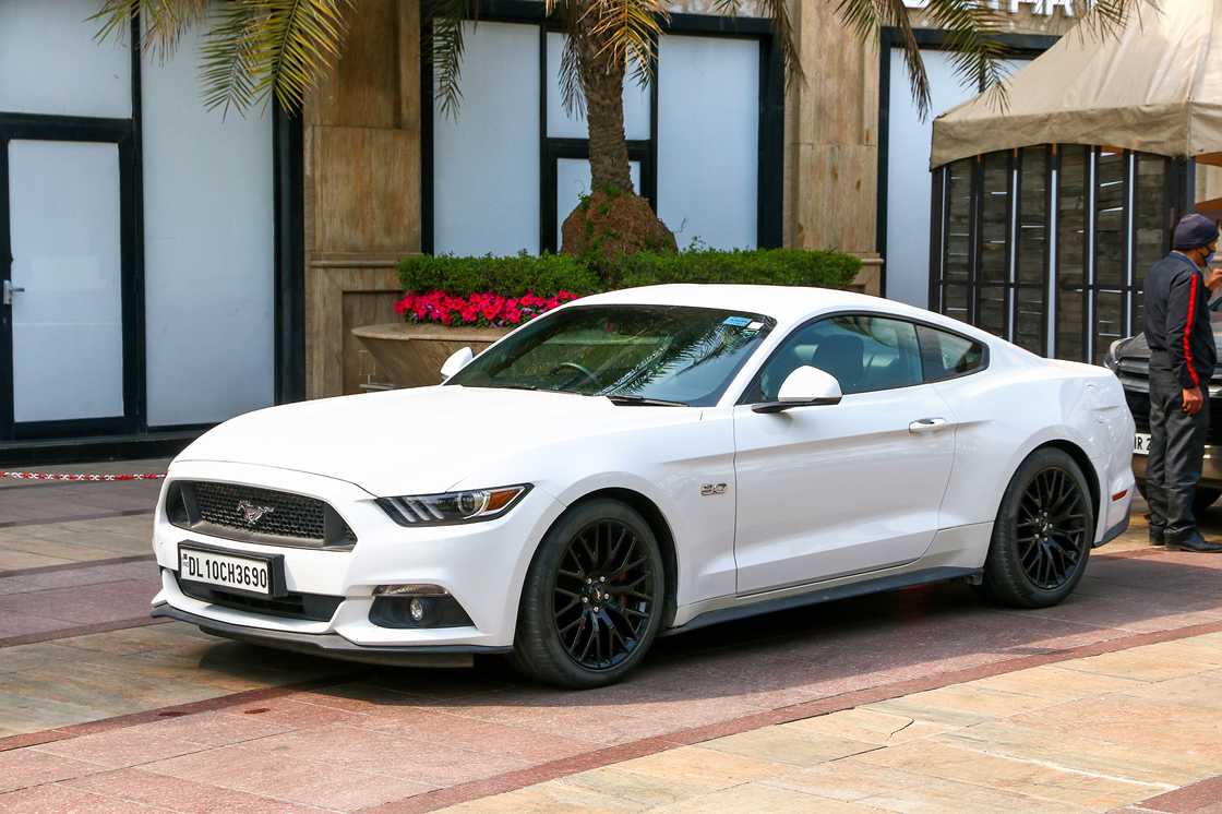 A white Ford Mustang in New Delhi, India