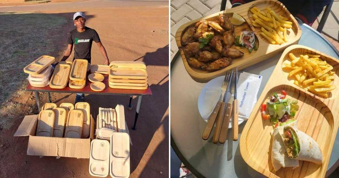 Man makes wooden plates Man makes wooden plates