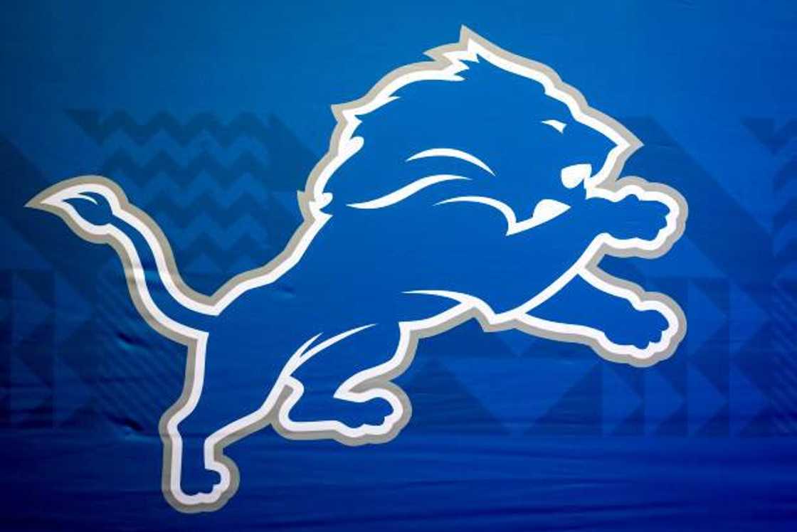 The Detroit Lions logo in Detroit, Michigan.