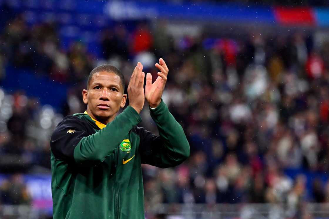 Manie Libbok of South Africa reacts after winning the Rugby World Cup France 2023 match between England and South Africa at Stade de France on October 21, 2023 in Paris, France