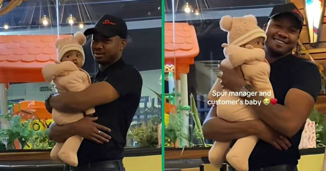 A TikTok video shows a Spur manager caring for a customer's baby. A TikTok video shows a Spur manager caring for a customer's baby.