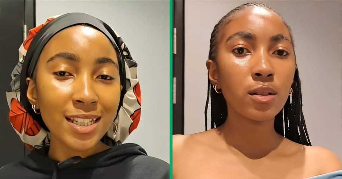 A TikTok video shows a woman unveiling her body care routine products under R150.