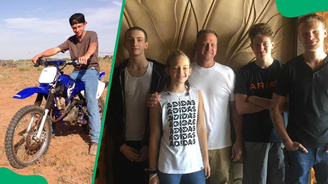 Parker riding a motorbike (L). The Leverett kids posing for a photo with their dad (R)