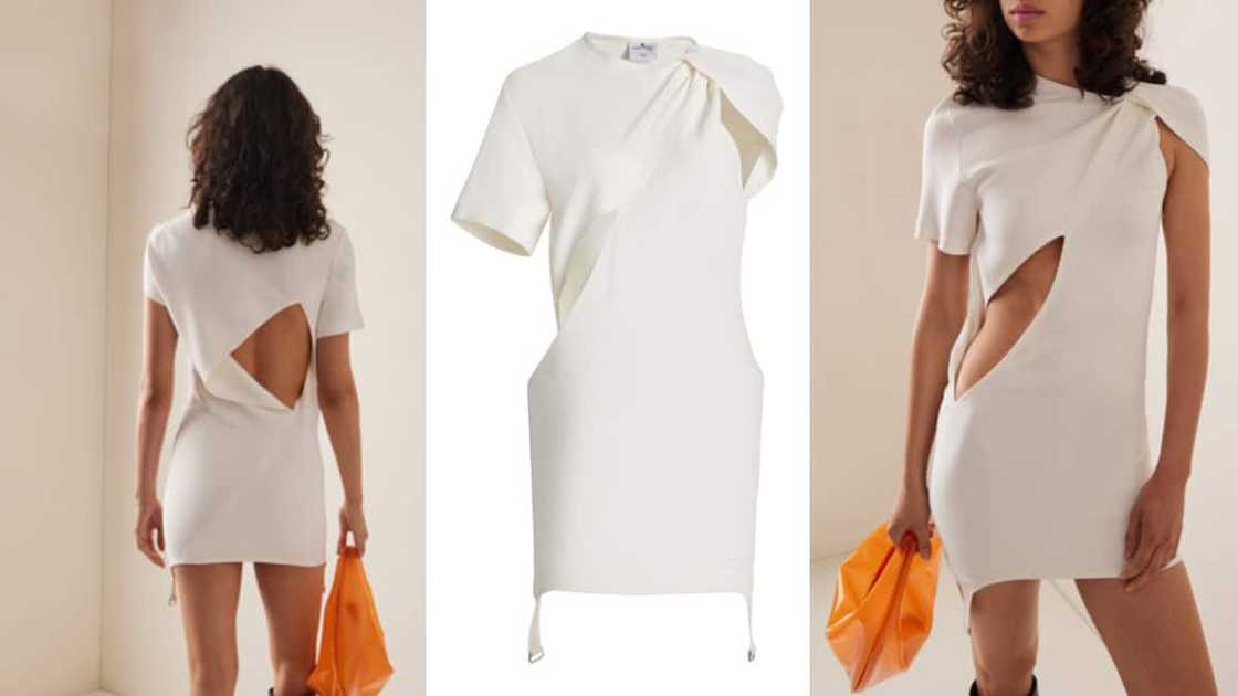 Twisted crepe dress with short sleeves and suspenders at the hem Twisted crepe dress with short sleeves and suspenders at the hem