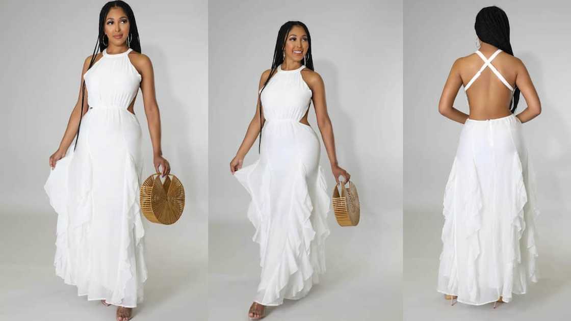 Backless gown with round neckline and ruffle detail Backless gown with round neckline and ruffle detail