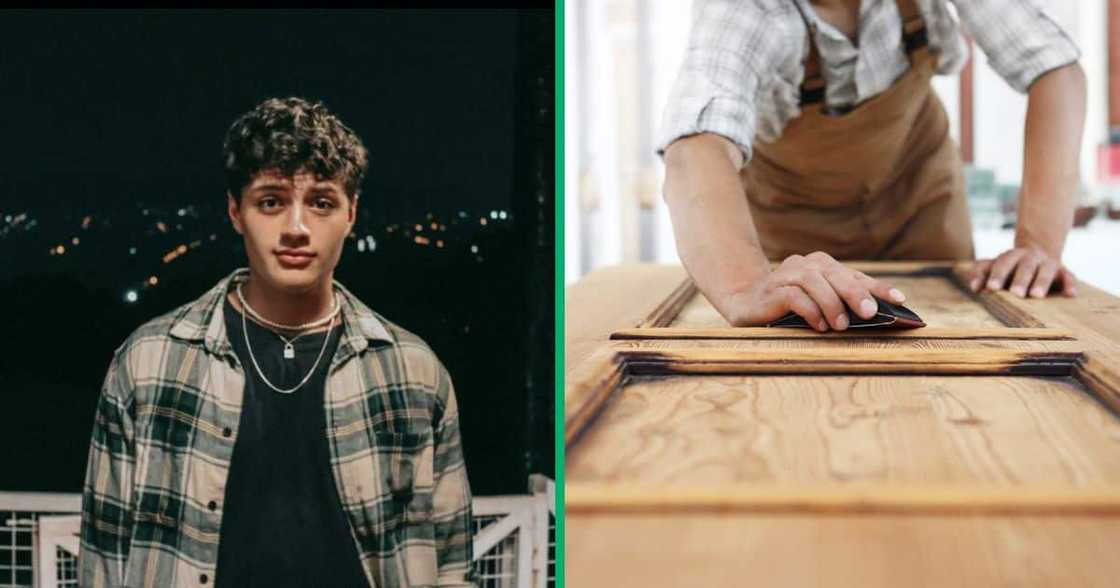 Owen Beytell who loves flipping furniture, and a carpenter working on wood