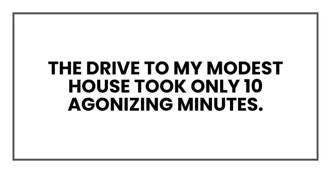 The drive to my modest house took only 10 agonizing minutes. The drive to my modest house took only 10 agonizing minutes.