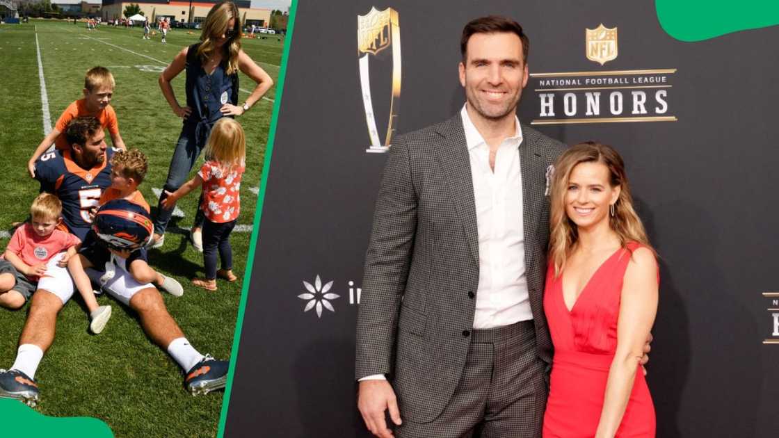 Joe's family at the UCHealth Training Center in 2019 (L). Flacco and Dana Grady at the 13th Annual NFL Honors in 2024 (R)