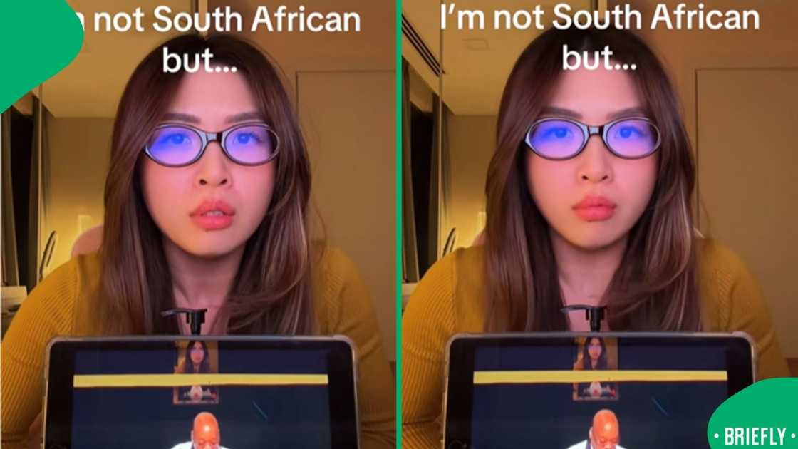 The screenshot on the right showed a woman holding a tablet showing Jacob Zuma The screenshot on the right showed a woman holding a tablet showing Jacob Zuma