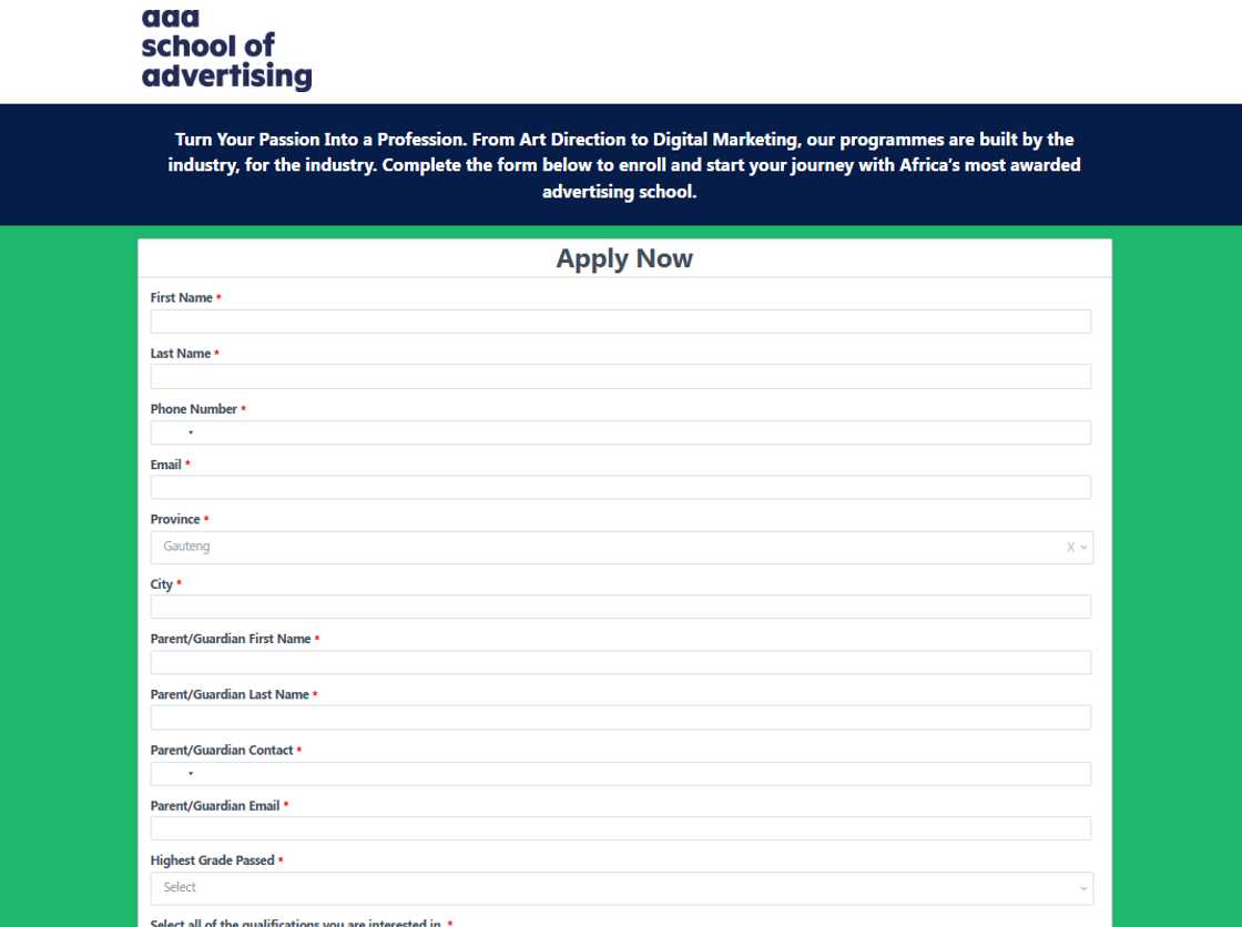 AAA School of Advertising application form.