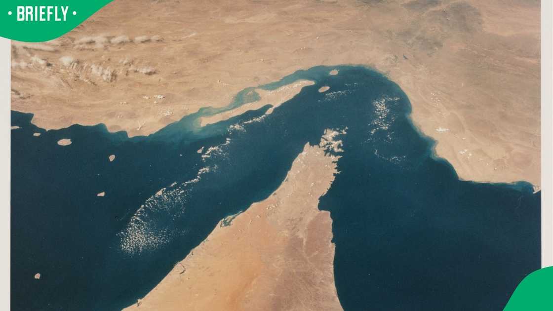 An aerial view looking north showing the Strait of Hormuz
