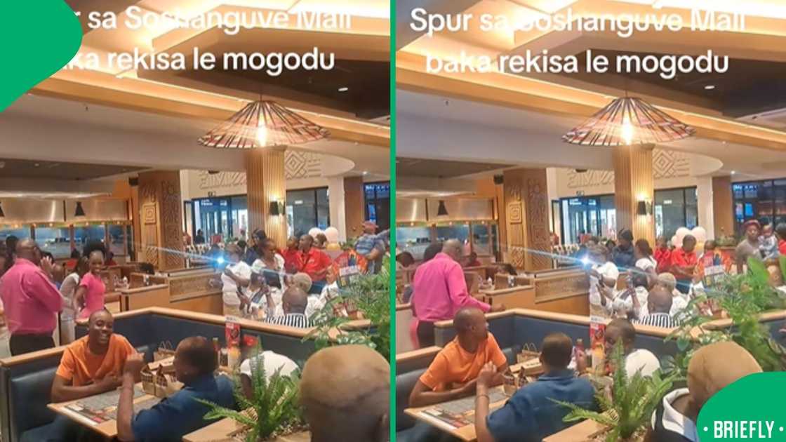 The visual on the right showed happy customers and staff dancing