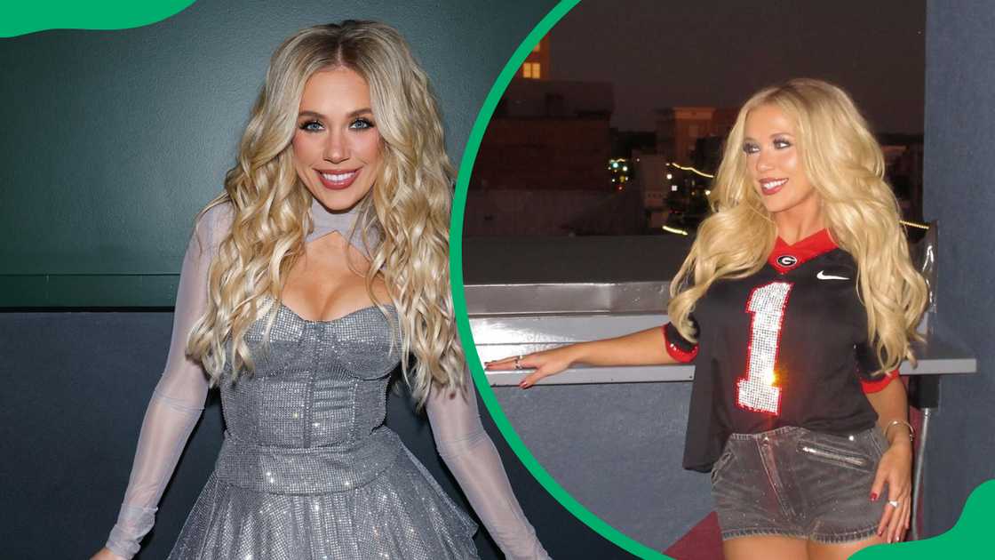 Megan Moroney in a barbie-inspired outfit before a performance and she smiles in casual wear on a balcony