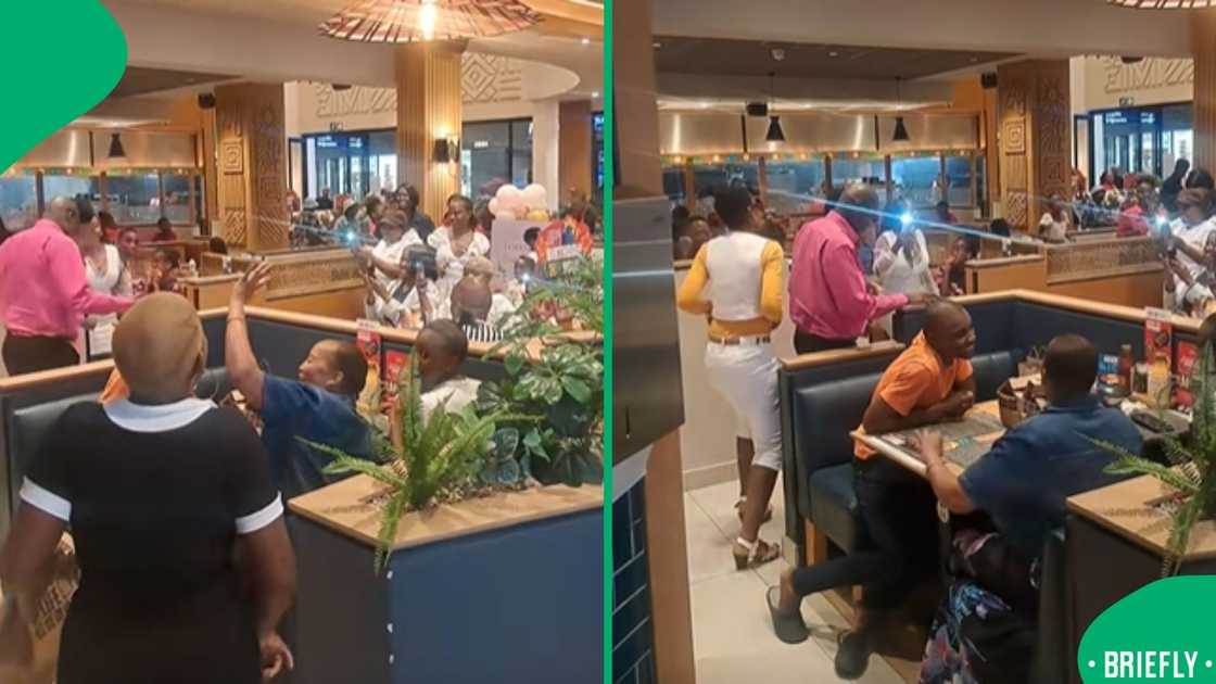 The visual on the right captured the moment the staff members led the way for customers to join in