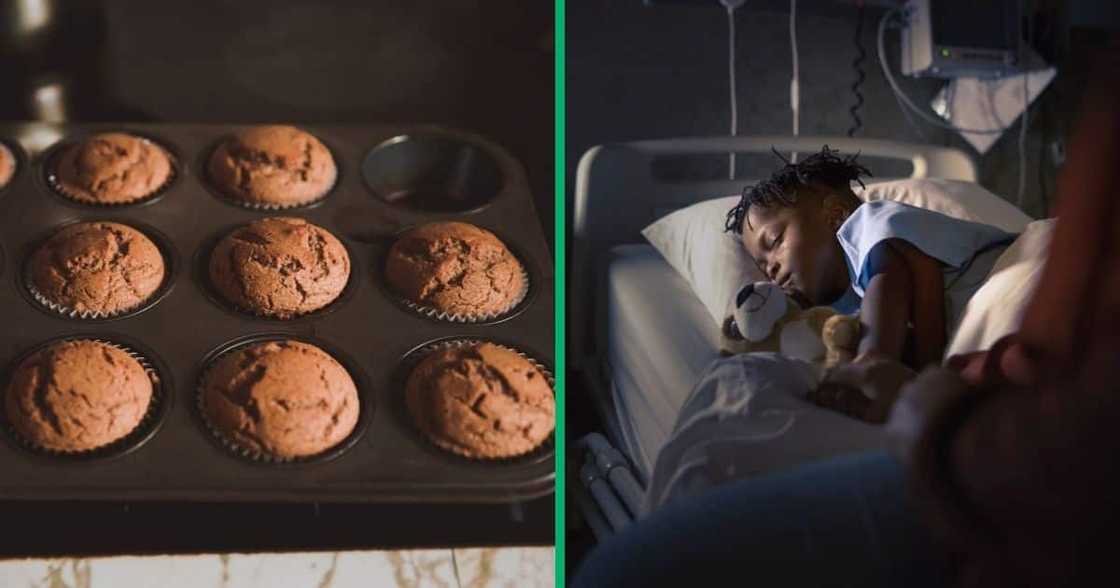 Collage image of muffins and a child sleeping in a hospital bed Collage image of muffins and a child sleeping in a hospital bed