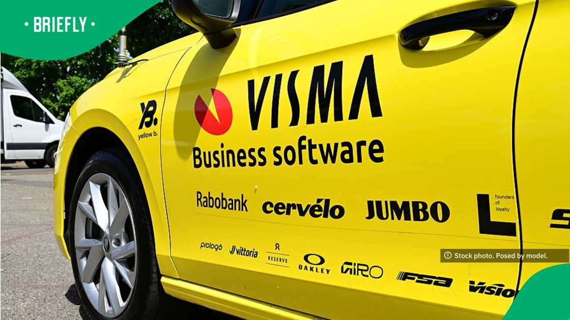 The Visma Lease a Bike team logo on a car The Visma Lease a Bike team logo on a car