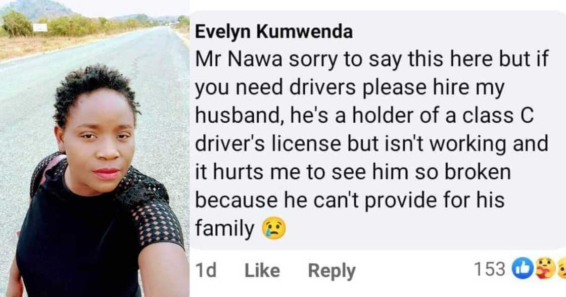 Evelyne Kumwenda tried to help her husband get a job. Photo: @Evelyne Kumwenda, @Mubia C. Nawa. Evelyne Kumwenda tried to help her husband get a job. Photo: @Evelyne Kumwenda, @Mubia C. Nawa.