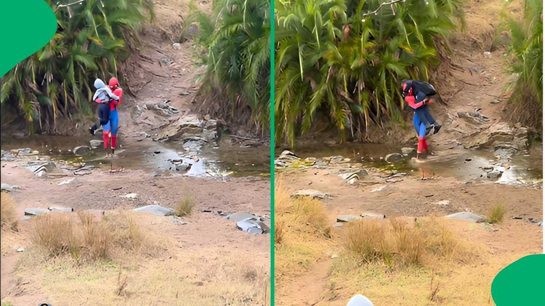 The local hero carried the learners across the stream one by one to ensure their uniforms stayed clean and dry