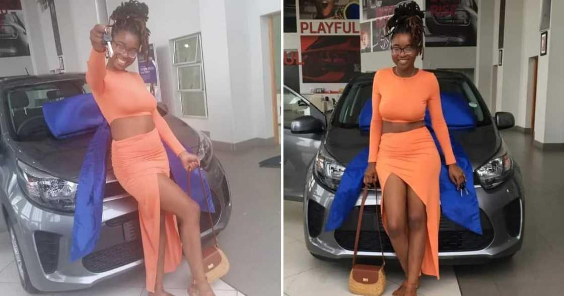 A young lady is excited about bagging her first car A young lady is excited about bagging her first car