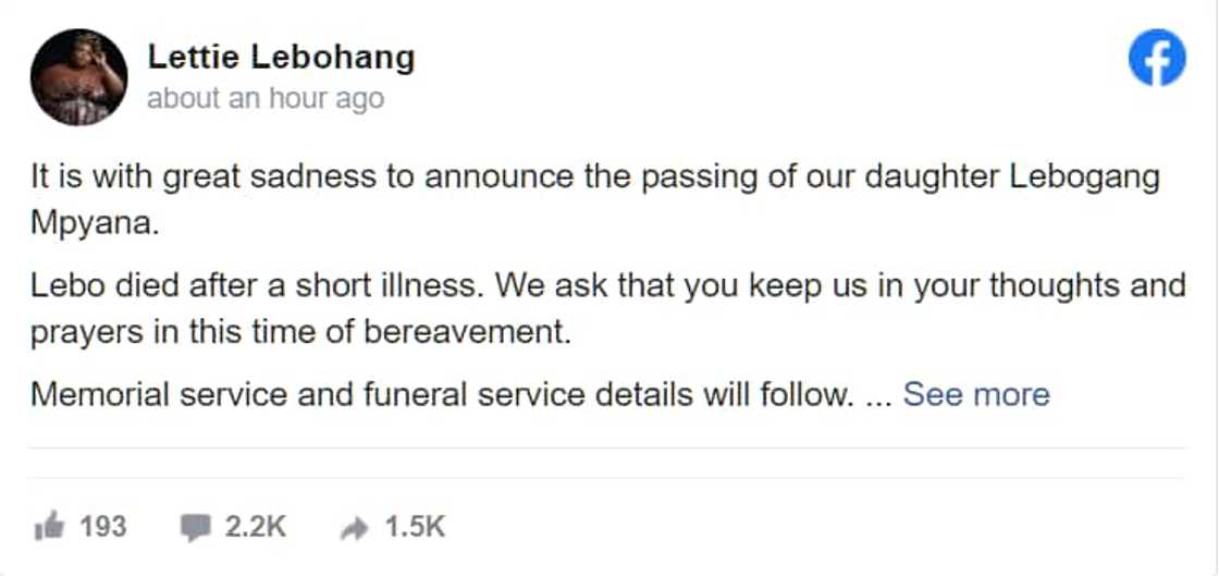 Lebohang Lettie Mpyana has died. Lebohang Lettie Mpyana has died.