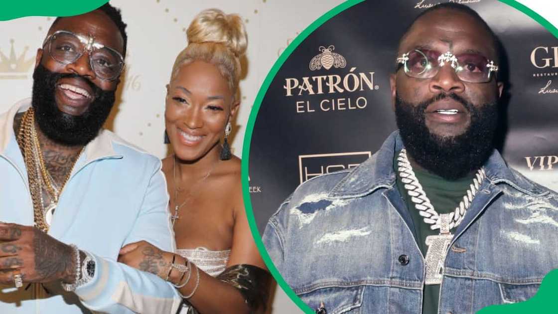 Rick Ross and Briana Camille during their daughter's birthday in 2018 (L). The rapper during a 2023 live performance party (R)