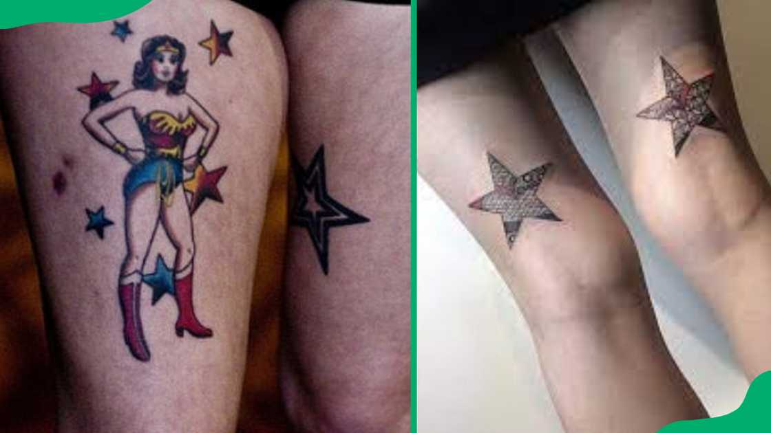 Star thigh tattoos.