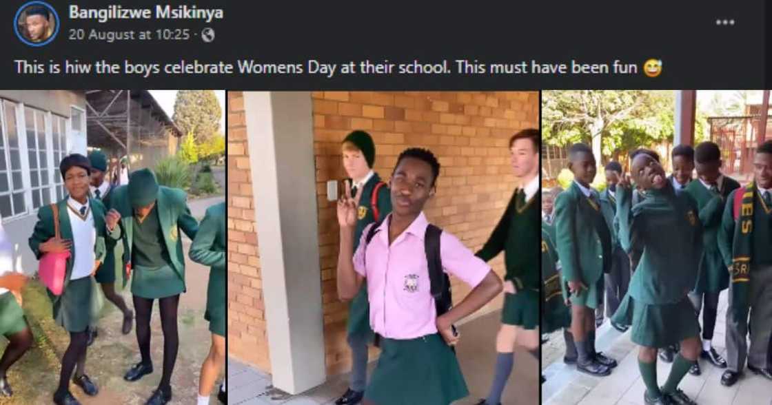 Schoolboys dressed up in girls uniform to celebrate Women's Day. Schoolboys dressed up in girls uniform to celebrate Women's Day.