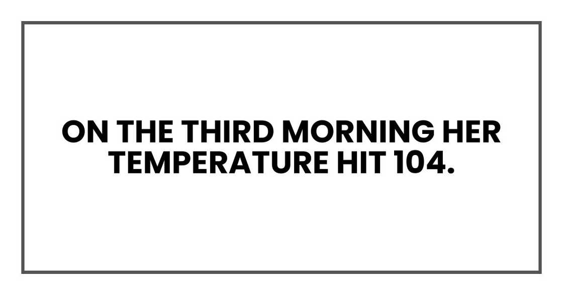 On the third morning her temperature hit 104. On the third morning her temperature hit 104.