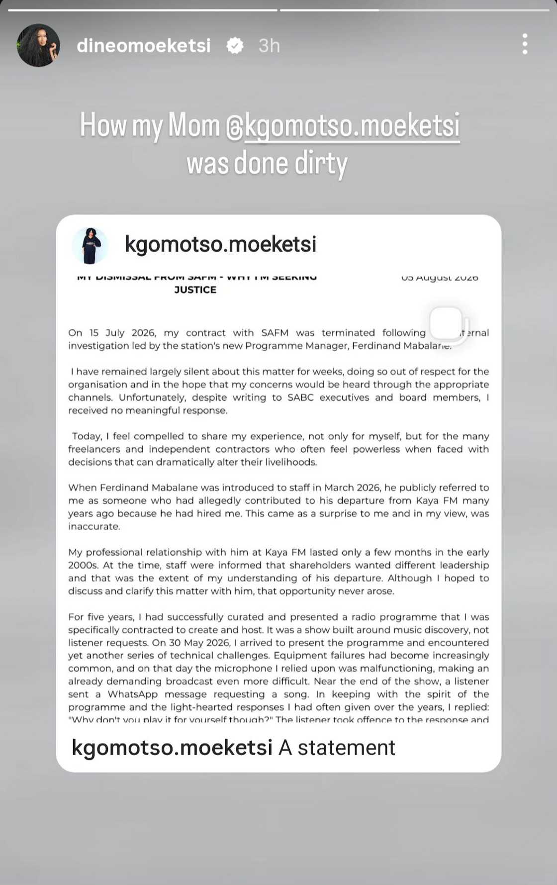 Dineo defended her mom.