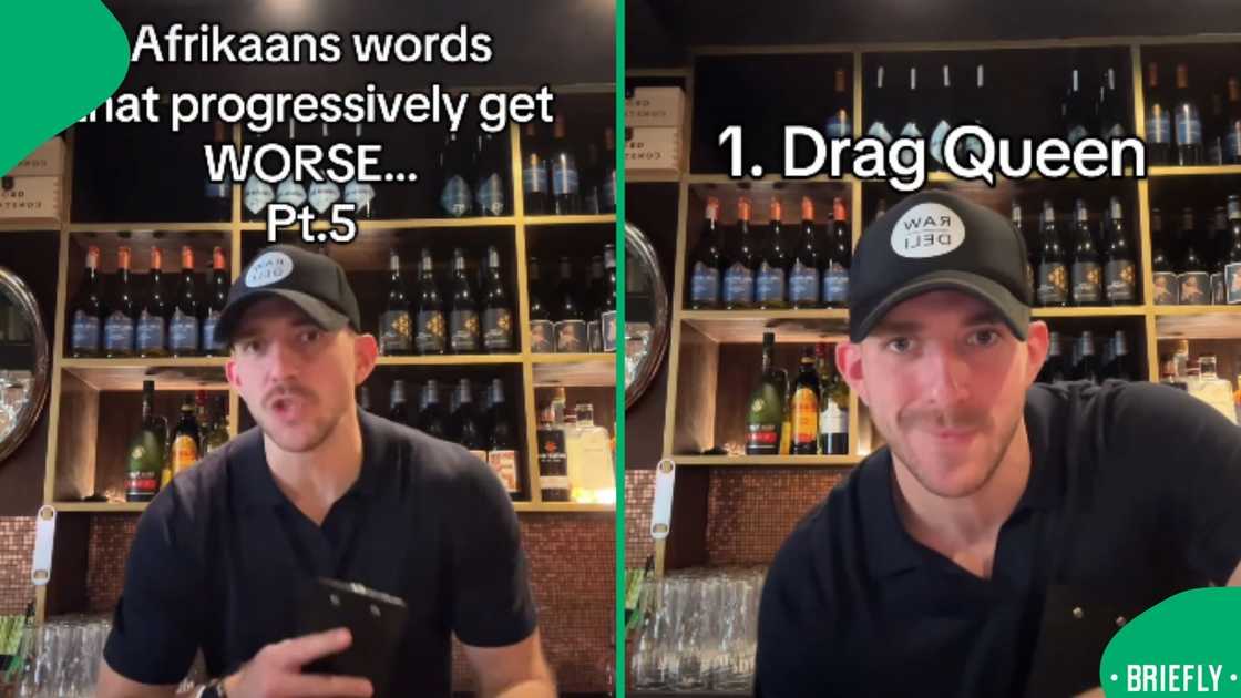 The visual on the right showed the word drag queen as he explained what it is in Afrikaans The visual on the right showed the word drag queen as he explained what it is in Afrikaans