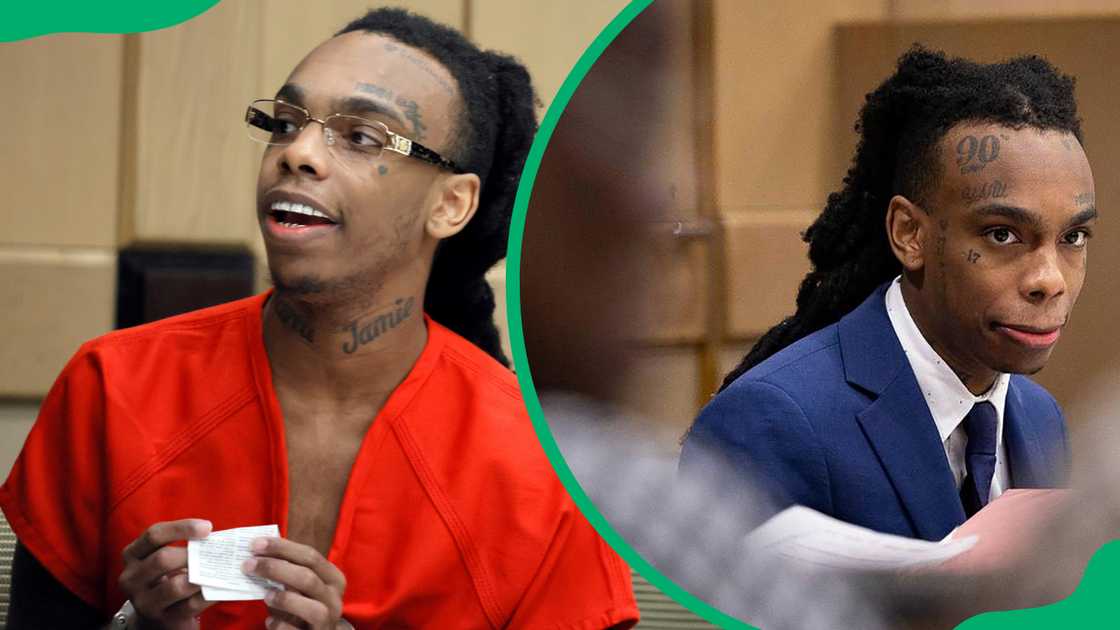 YNW Melly speaks to someone in the courtroom gallery during a hearing in his trial, and he looks out at friends and family walking into the courtroom during his double murder trial