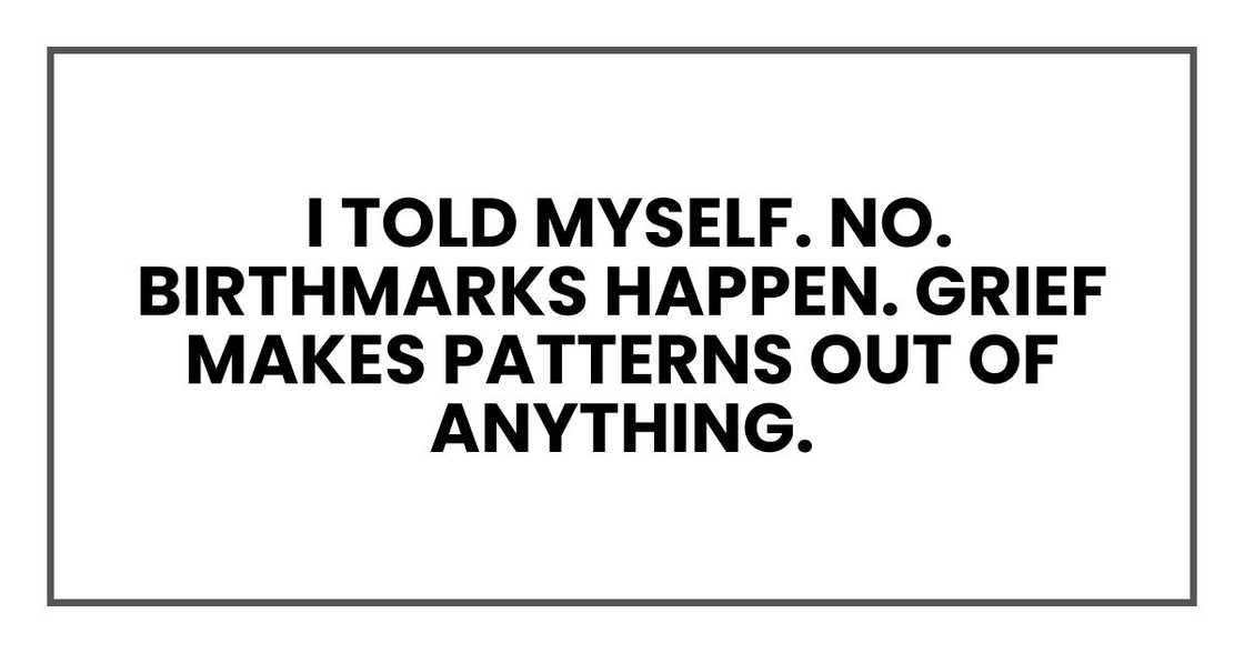 I told myself. No. Birthmarks happen. Grief makes patterns out of anything. I told myself. No. Birthmarks happen. Grief makes patterns out of anything.