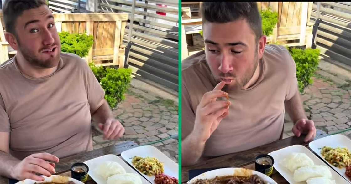 A TikTok video shows an American man trying out South African local dishes. A TikTok video shows an American man trying out South African local dishes.